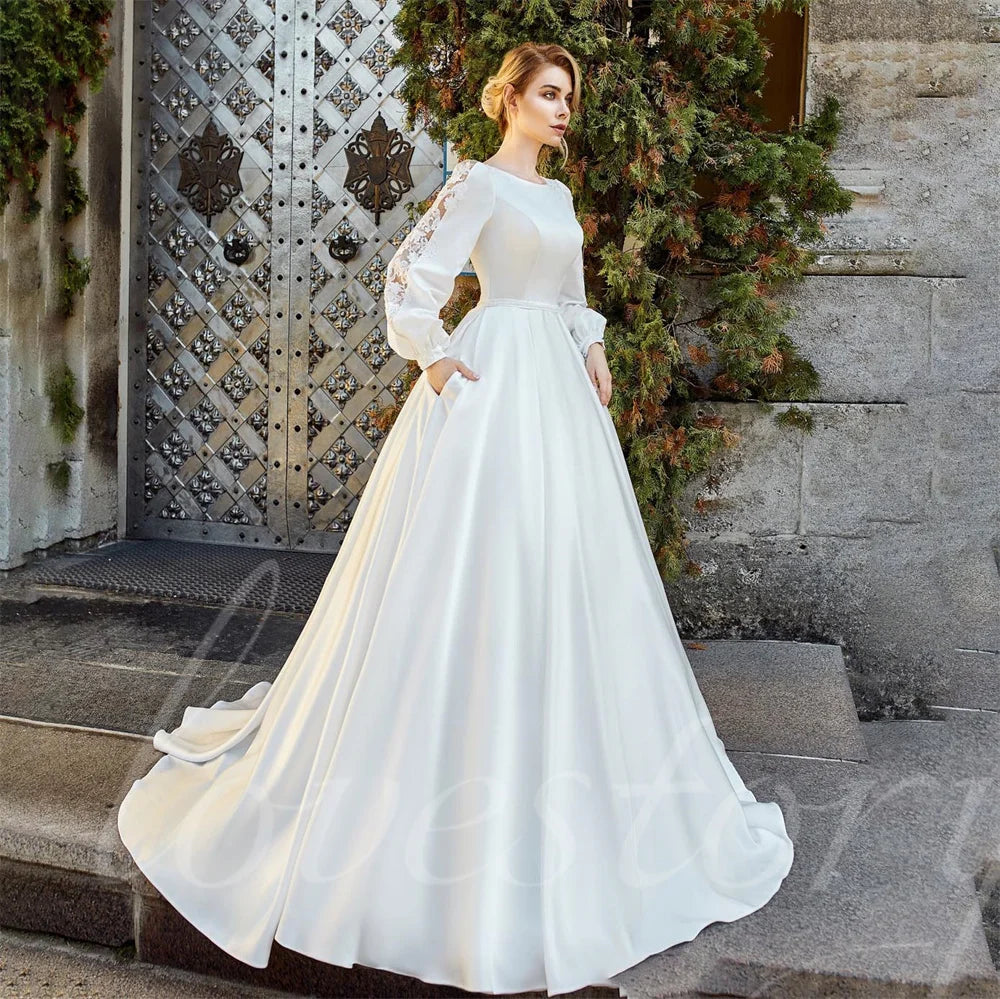 A Line Princess Wedding Dress Full Puff Sleeves Satin Pleat Bridal Gowns For Women Lace Applique Bride Dress Vestido De Noiva