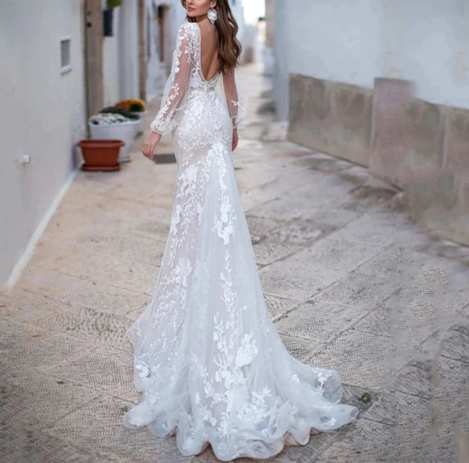 Luxus Backless Tüll Meerjungfrau Hochzeit Kleider 2024 Langarm Spitze Appliques V-ausschnitt Weiß Brautkleid vestidos de novia