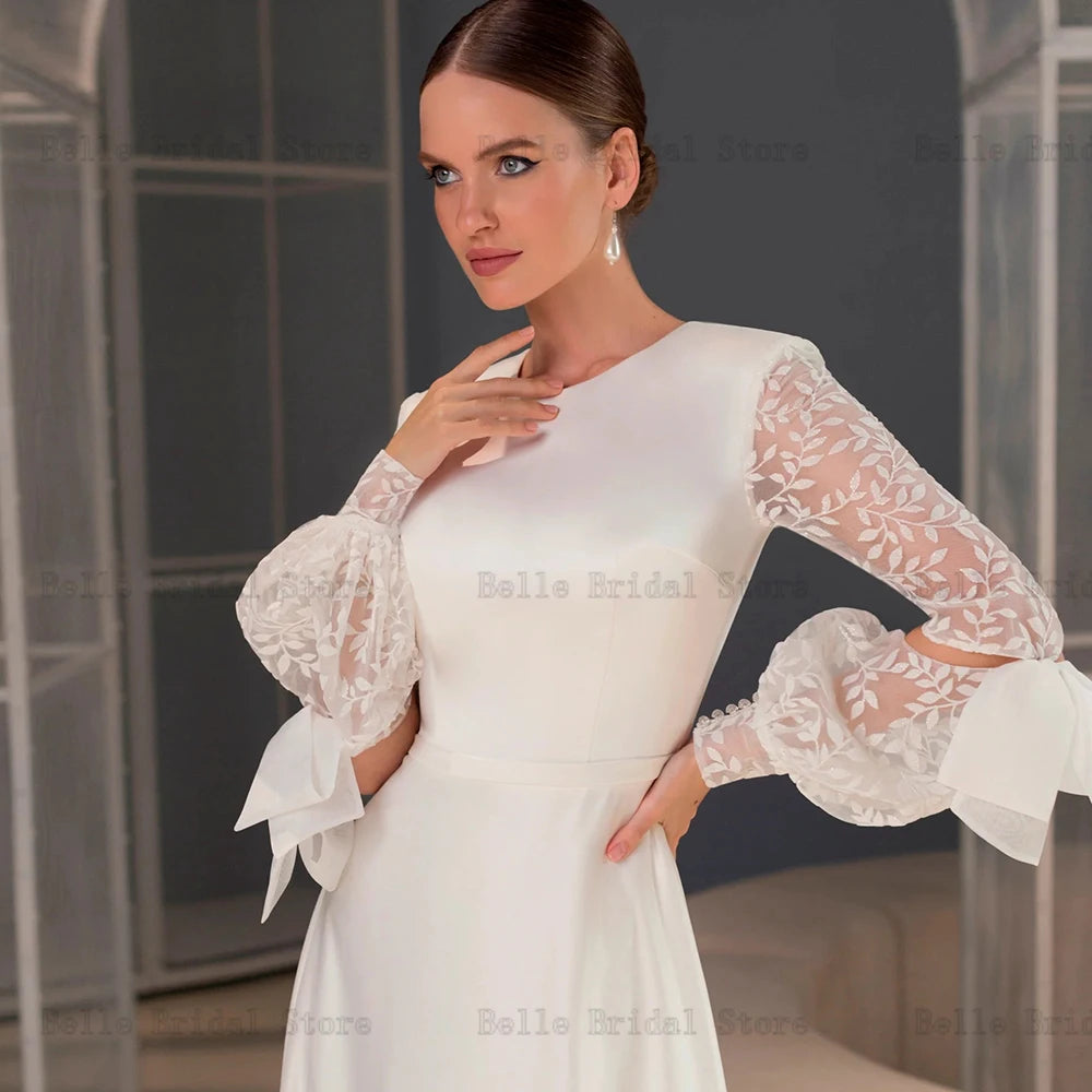 Elegant White Wedding Dresses O Neck Long Sleeves Bridal Gowns Appliques Back Zipper Sweep Train A-line Vestidos De Novia 2023