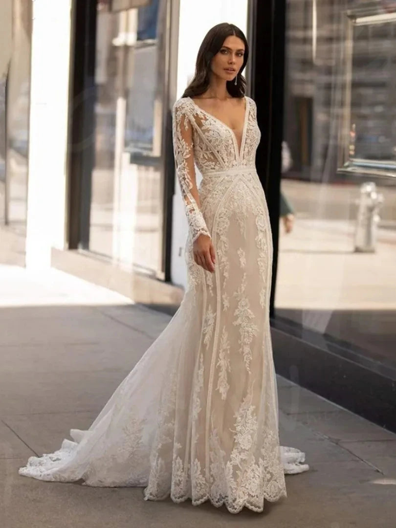 Exquisite Brautkleider Tiefem V-Ausschnitt Brautkleider Spitzenapplikationen Lange Ärmel Bodenlange Roben für Bräute Vestidos De Novia