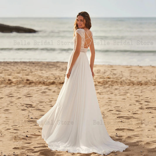 Beach A-Line Wedding Dresses V Neck Cap Sleeves Bridal Gowns Appliques Back Button Floor Length Chiffon Vestidos De Novia 2024