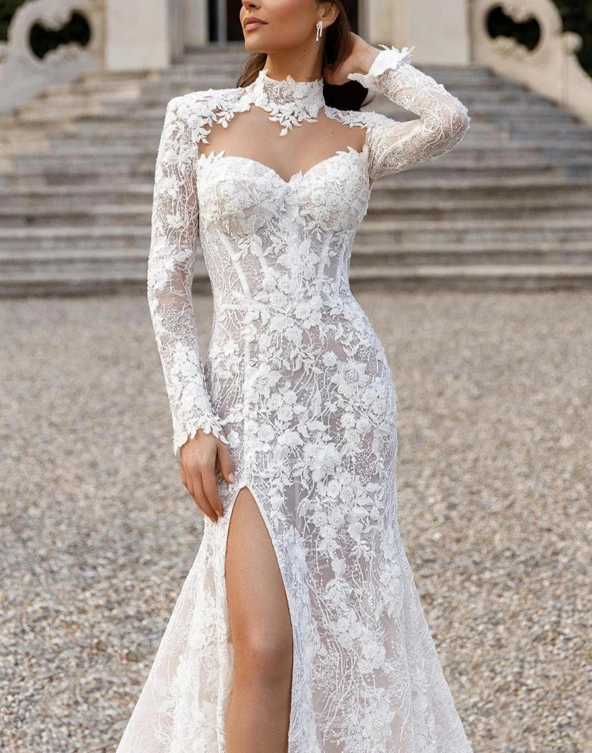 Romantische hohe Nacken offener Mermaid Brautkleider Langarm Applikationen Spitze Hochspalten Brautkleider Robe de Mariée