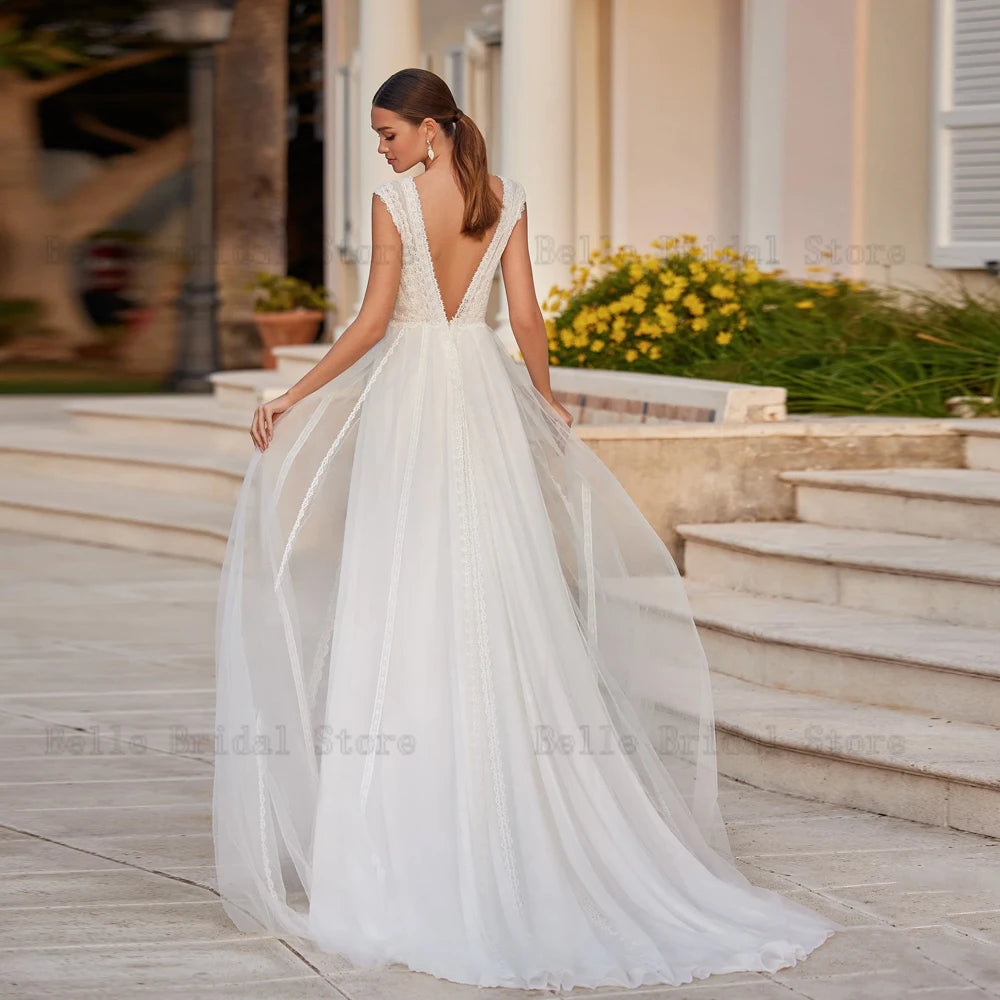 Elegant Tulle Wedding Dresses Deep V Neck Cap Sleeves Bridal Gowns Lace Backless Floor Length A-Line Vestidos De Novia 2024