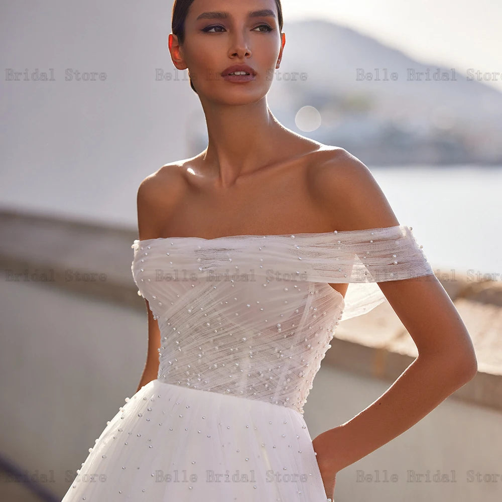 Elegant Pearls Tulle Wedding Dresses Sweetheat Neck A-line Bridal Growns Sleeveless A-Line Floor-Length Vestidos De Novia 2023