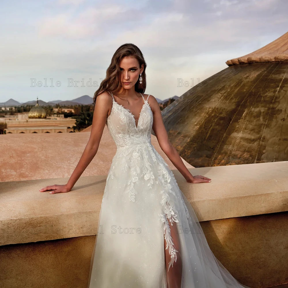 Eleganti abiti da sposa in tulle v al collo maniche abiti da sposa Appliques Lunghezza del pavimento della fessura anteriore senza schienale A-line Vestidos de nolia