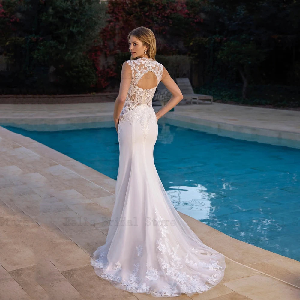 Vestidos de noiva elegantes Capinho de colméia de pescoço de pescoço Appliques Apliques sem costas Mermaid Vestidos de Novia 2024