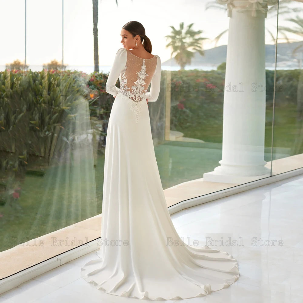 Elegante Brautkleider Jewel Neck Lange Ärmel Brautkleider Applikationen Zurück Knopf Bodenlangen Meerjungfrau Vestidos De Novia 2024