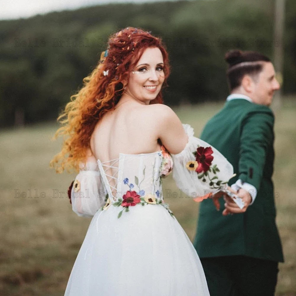 Abiti da sposa sexy a cuore maniche a sbuffi abiti da sposa fiori con lana allaccia su un treno di tulle a-line vestidos de nolia