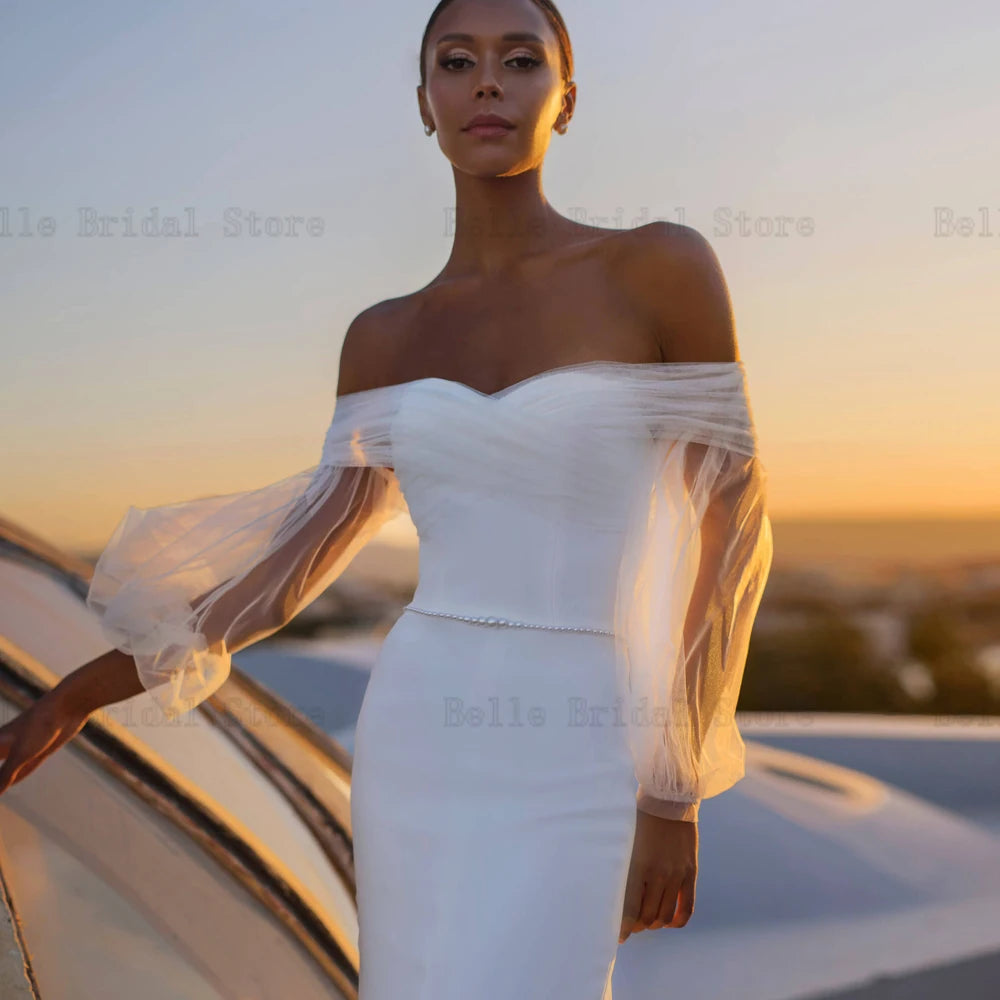 Simple Off Shoulder Wedding Dresses for Bride Puff Sleeves Bridal Growns Beadings Floor Length Mermaid Vestidos De Novia 2024