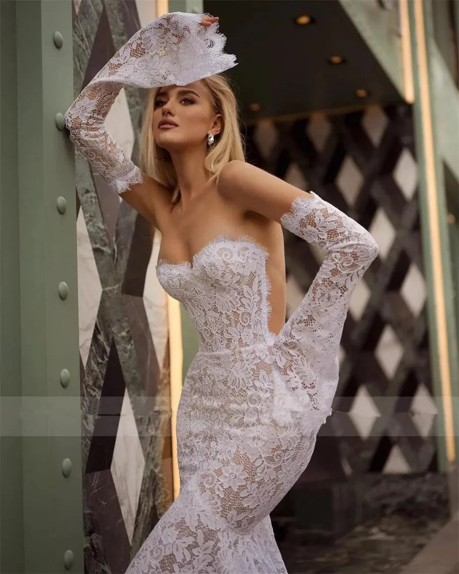 Oyisha Lux Lace Mermaid Abito da sposa Abito sexy Illusion Studi con cerniera con cerniera abiti da sposa Weathart Bridal maniche lunghe rianimabili