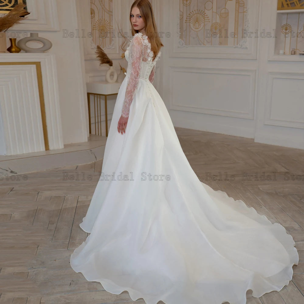 Elegant Wedding Dresses Sweetheart Neck Long Sleeves Bridal Gowns Appliques Back Button Sweep Train A-Line свадебное платье 2023