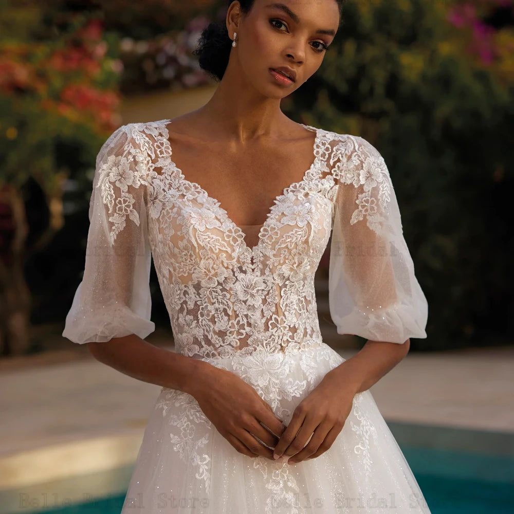 Eleganti abiti da sposa a V sul collo Mezze maniche abiti da sposa Appliques Abbattina Lunghezza pavimento a un tulle a linea Vestidos de nobu 2024