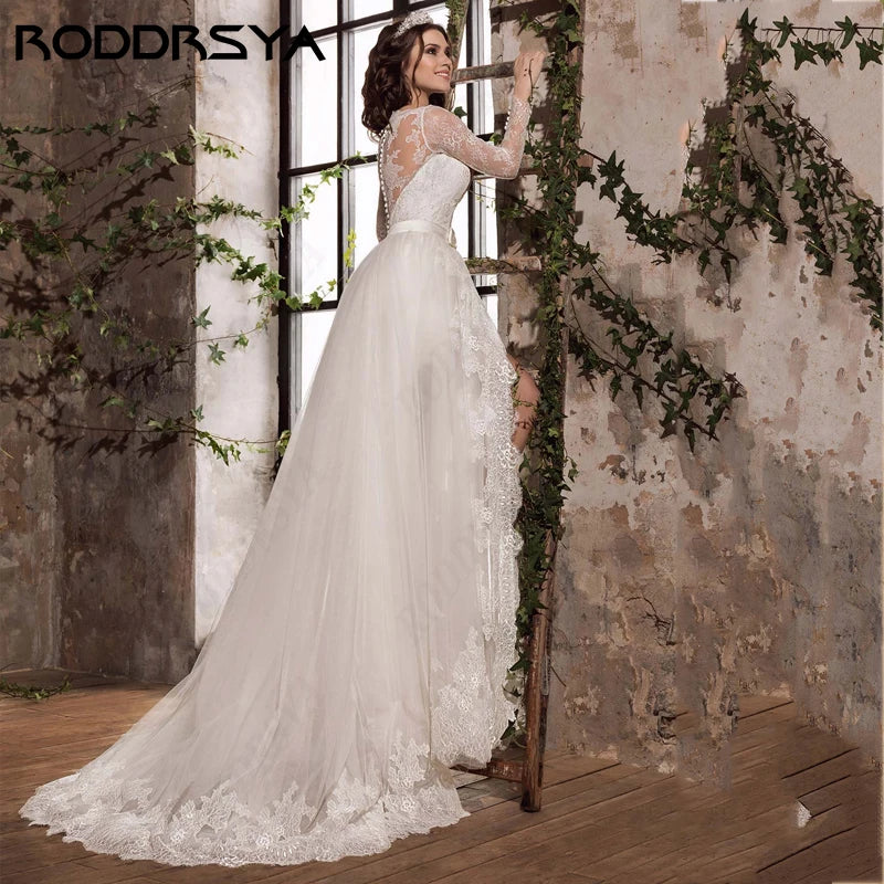 RODDRSYA Vestido De Noiva Long Sleeves Two Pieces Wedding Dresses Detachable Skirt Bridal Party Illusion Back Elegant A-line