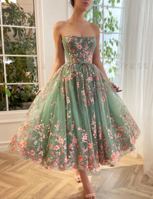 Sage Green Tulle Prom Dresses for Teens Girls with Pink Lace Embroideries Tea-Length Birthday Party Dress A-Line فساتين السهرة