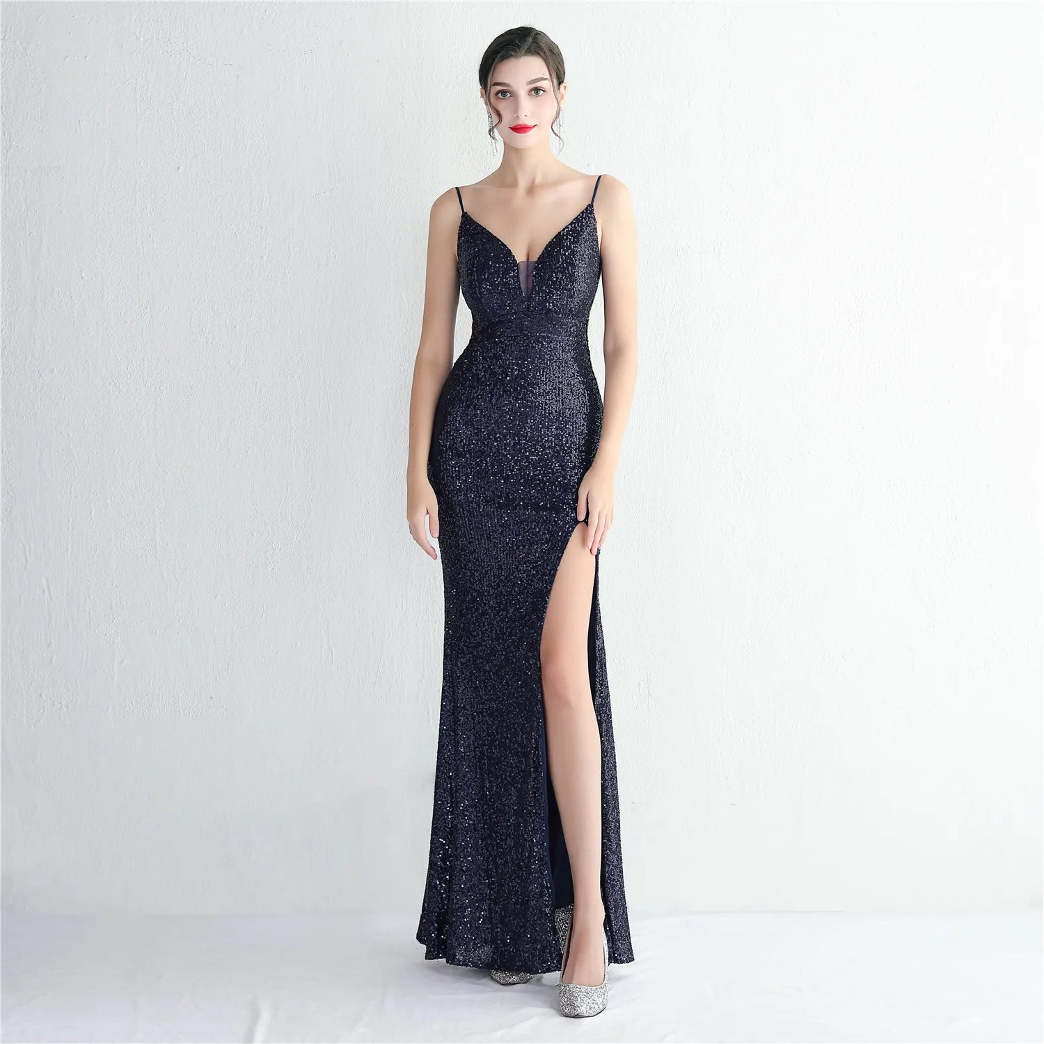 Women Backless Green Sequin Dress Strap Beading Party Maxi Dress Sexy Slit Evening Dress Long Prom Dress