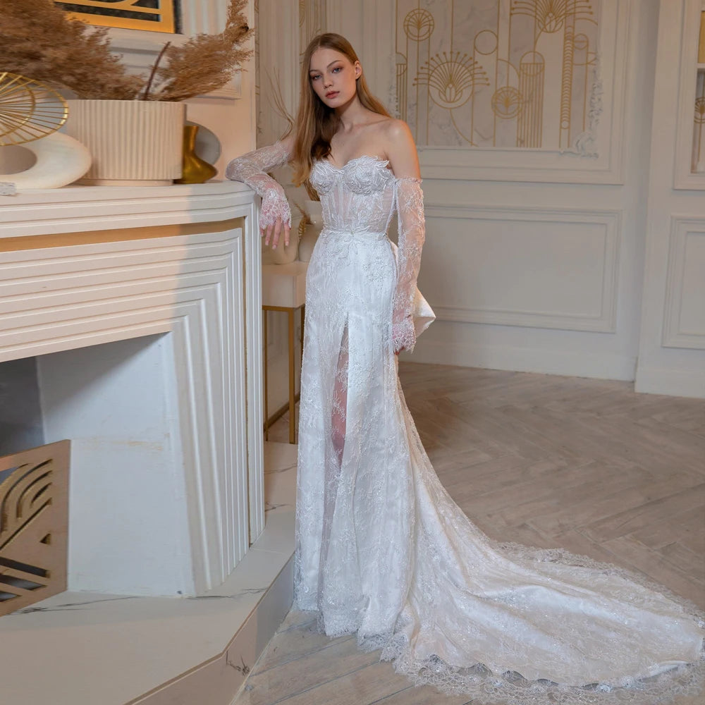 Abiti da sposa sexy in pizzo a cuore maniche lunghe abiti da sposa a-line appliques ad alta fessura a fessura ad alta fessura del treno sweep vestidos de nolia