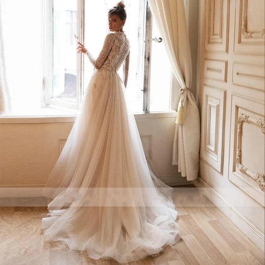 Gorgeous Wedding Dresses A-Line High Neck Bridal Gowns For Formal Party Long Sleeves Lace Appliques Luxury Vestidos De Novia