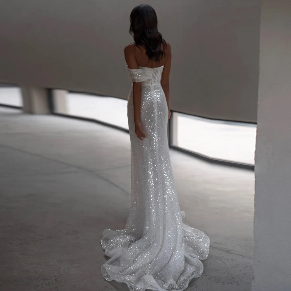 Elegantes vestidos de novia de un hombro con cuello de novia de vecinos de novia de lentejuelas de trenes de barrido de lentejuelas Vestidos de novia 2024