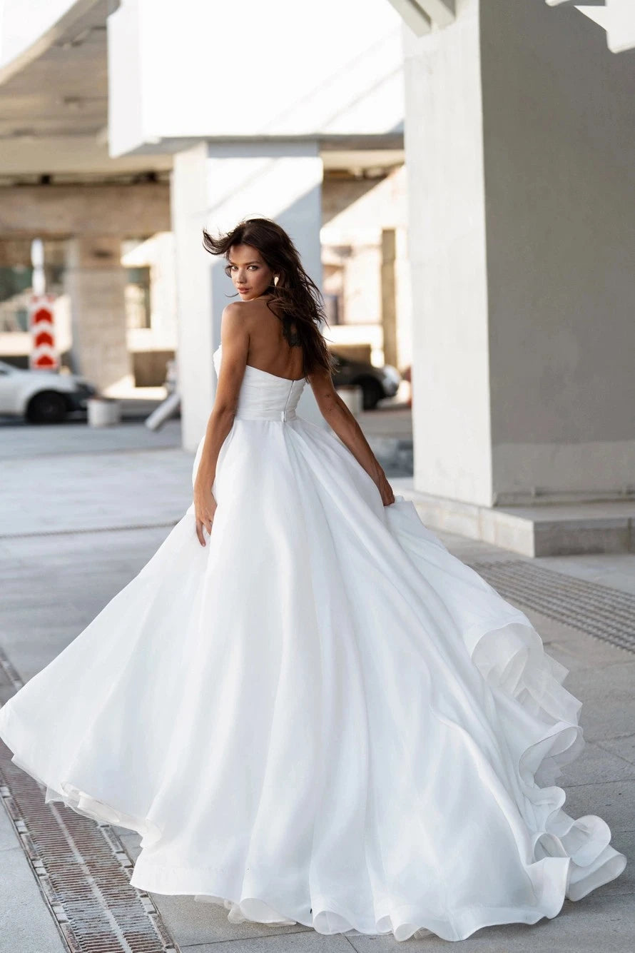 Vintage Pearl Neck Wedding Dresses Simple Pleat Robe Elegant Satin Off Shoulder A-Line Bridal Gowns Sleeveless Bride Dresss 2024