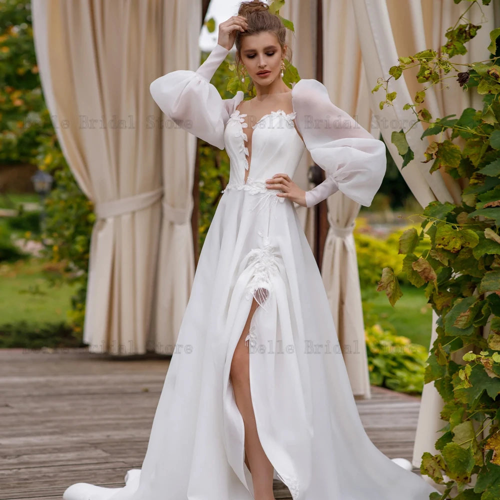 Elegante Brautkleider V-Ausschnitt, lange Ärmel, Brautkleider mit Applikationen, Illusion Sweep-Schleppe, Frontschlitz, A-Linie, Vestidos De Novia 2024