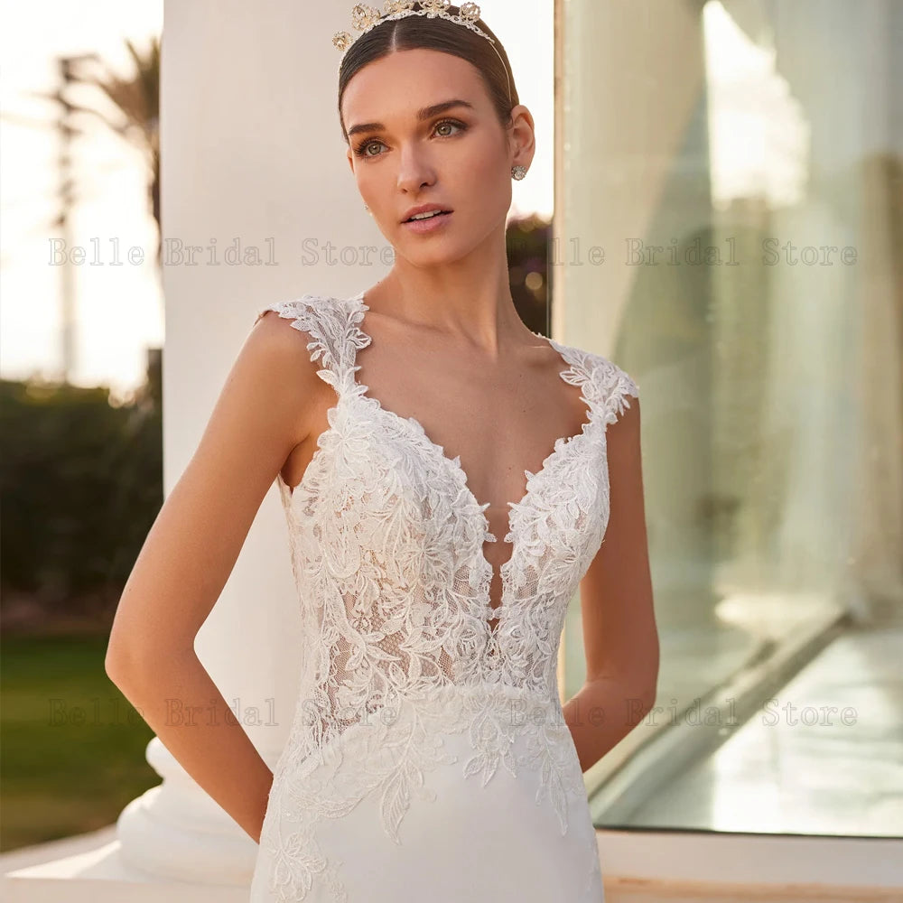 Abiti da sposa semplici maniche da sposa con cappuccio a v -collo profondi appliques appliques cornici abbottonatura lunghezza del pavimento sirena vestidos de nolia