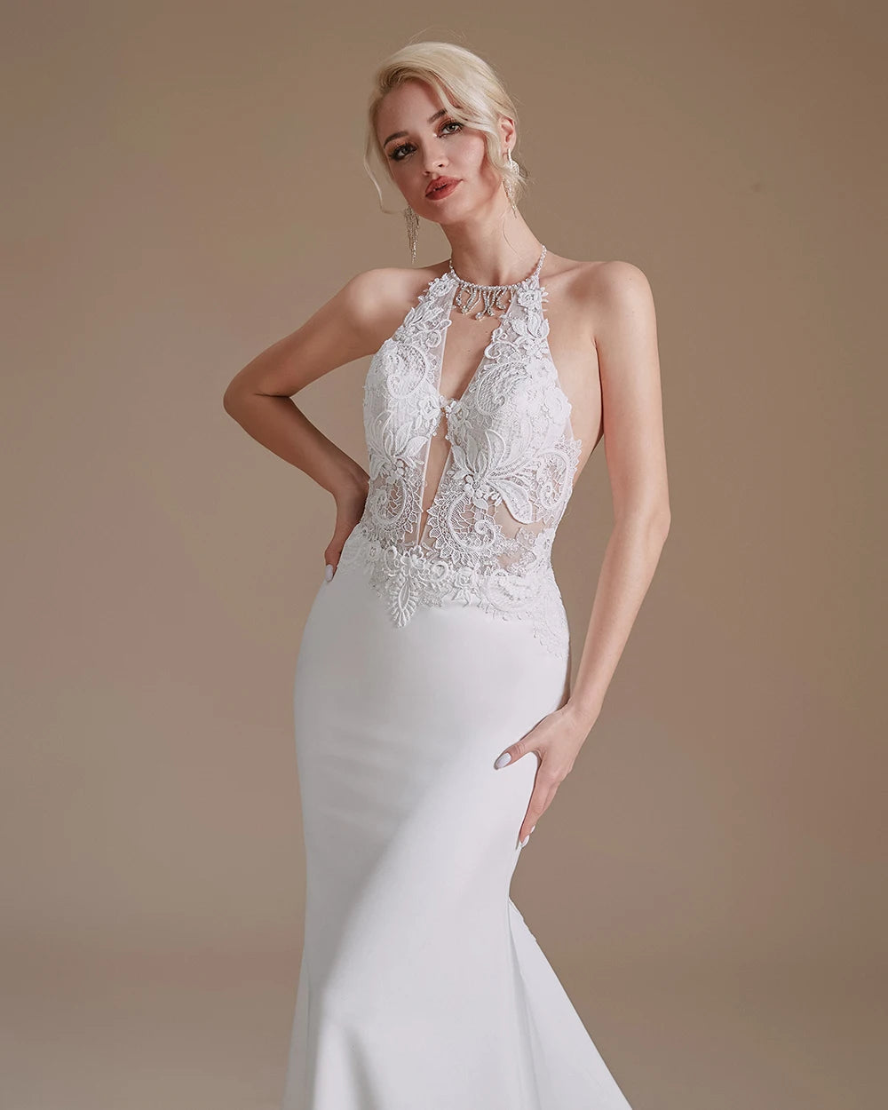 Abito da sposa sirena 2023 Sexy Halter Strethy Strethy Spandex Appliques in pizzo Cappella Capella Abito da sposa