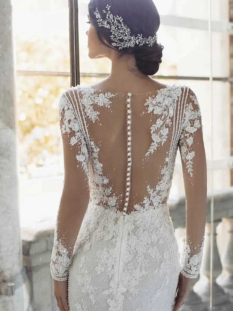 Luxury Wedding Dresses With Detachable Train Long Sleeves Lace Appliques Gowns Sweetheart A-Line Robes Vestidos De Novia 2024