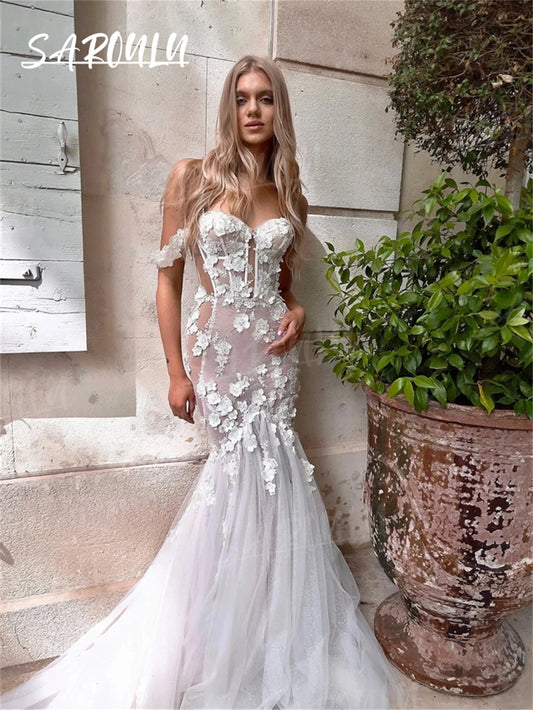 Romantisches sexy langes Meerjungfrau-Brautkleid mit schulterfreien Ärmeln, ausgeschnittenen Spitzenapplikationen, Tüll, herzförmiger Ausschnitt, Damen-Hochzeitskleider 2024
