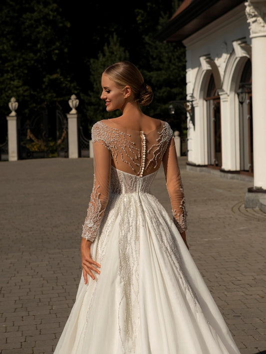 Klassisches O-Ausschnitt Langarm-Hochzeitskleid funkelnde Pailletten Perlen Braut Robe 2024 Vintage A-Linie Langes Brautkleid Robe De Mariée