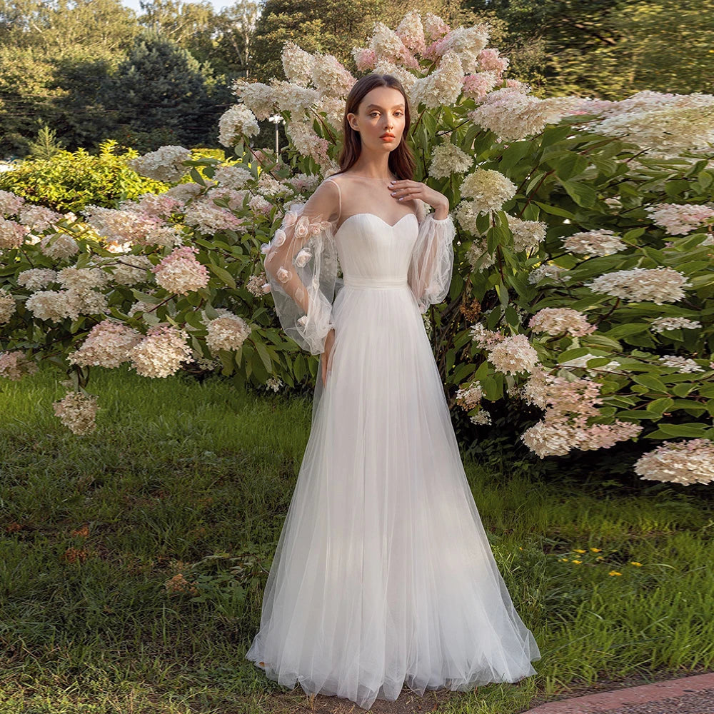 Vestidos de noiva elegantes jóia pescoço de mangas compridas Ilusão Bridal Crescida Flores Plavendo comprimento do piso Tulle vestidos de Novia 2023