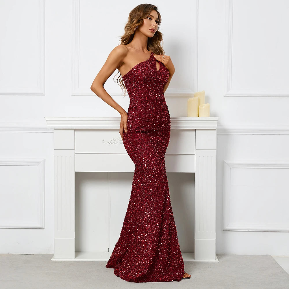 Sexy Slit Burgundy Sequin Dress Women One Shoulder Beading Long Evening Dress Party Maxi Dress