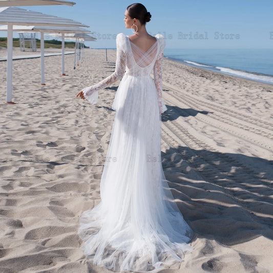 Beach Lace Wedding Dresses V Neck Long Sleeves Sexy Ivory Bridal Gowns Backless Floor Length A-line Tulle Robe De Mariee 2024