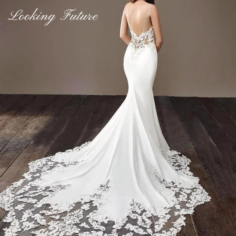 Morden Lace Satin Mermaid Wedding Dresses Sweetheart Sleeveless Bridal Gown 2024 Simple Plain Long Train Sweep Train Custom Made