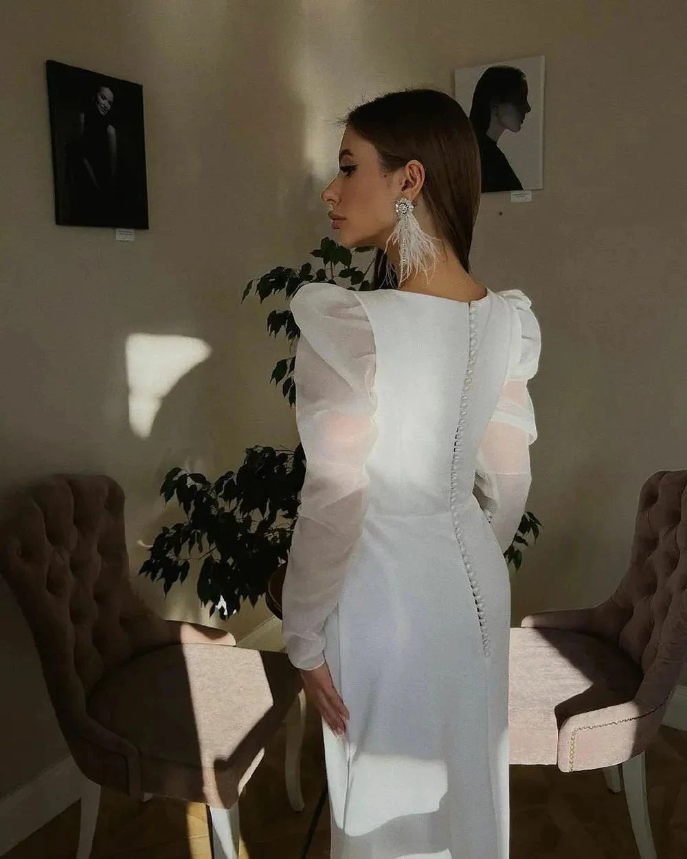 Classic Satin Wedding Dresses Mermaid Puff Sleeves Square Neck Bridal Gown With Button Beach Bride Dress Customize To Measure