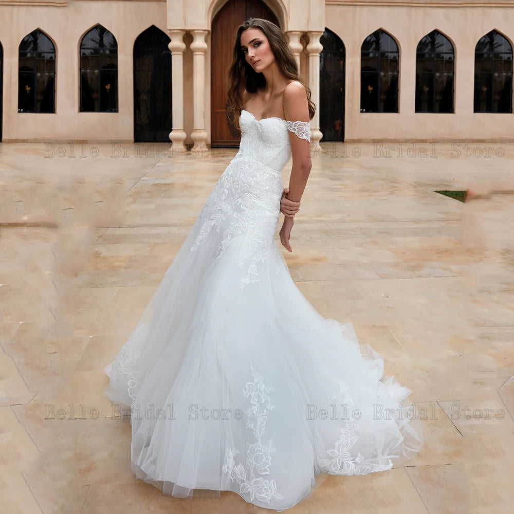 Classici abiti da sposa fuori spalla Abiti da sposa a cuore a cuore Appliques Lunghezza pavimento Tulle Mermaid Vestidos de noni 2024