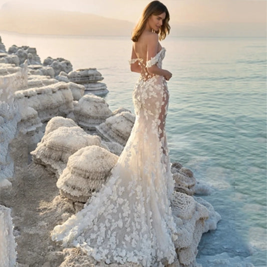 Sexy Meerjungfrau Hochzeitskleid Modernes Herzausschnitt Off the Shoulder 3D Blumen Illusion Back Brautkleid