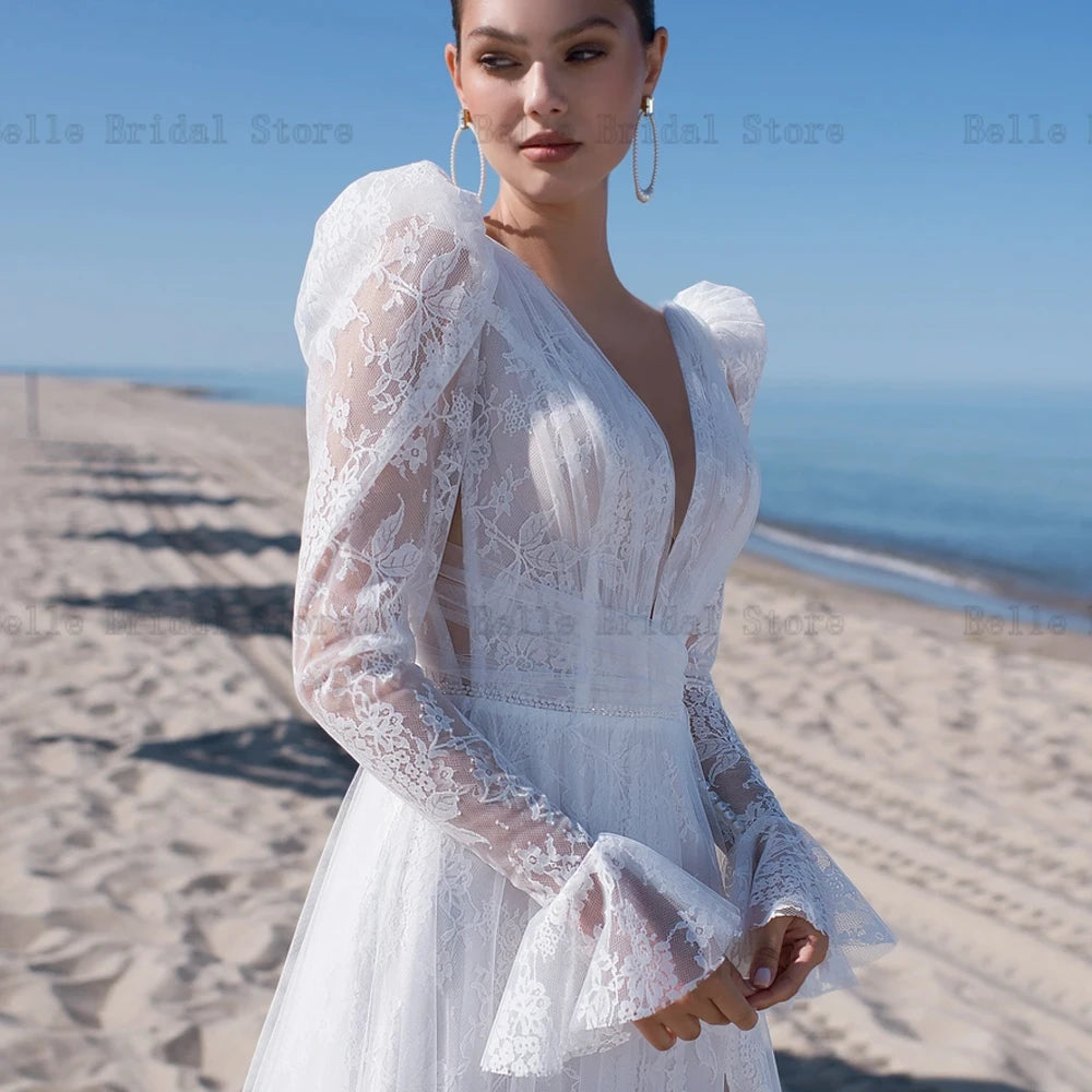 Beach Lace Wedding Dresses V Neck Long Sleeves Sexy Ivory Bridal Gowns Backless Floor Length A-line Tulle Robe De Mariee 2024