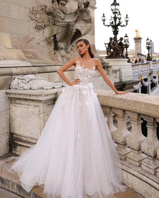 SoDigne Charmantes Hochzeitskleid für Frauen O-Ausschnitt Ärmelloses Korsett Boho Hochzeitskleider 3D Blume Prinzessin Brautkleid 2024