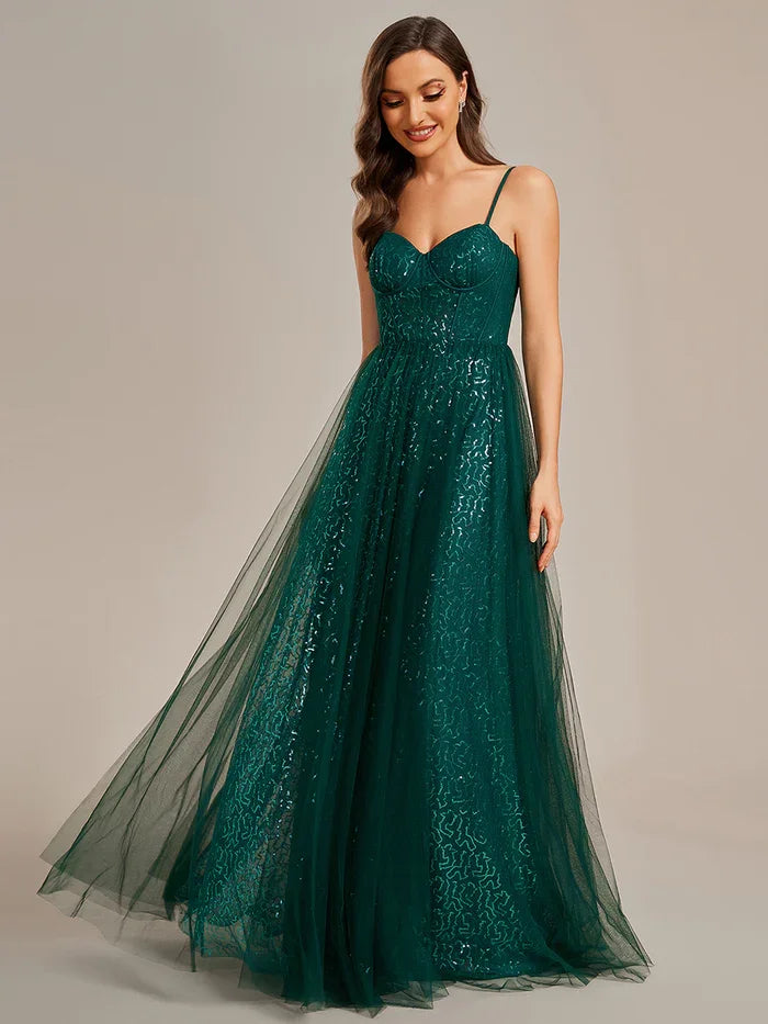 Exquisite Empire Waist Sequin Shiny A-Line Floor Length Sweetheart Neckline Spaghetti Straps Tulle Cover Evening Dress