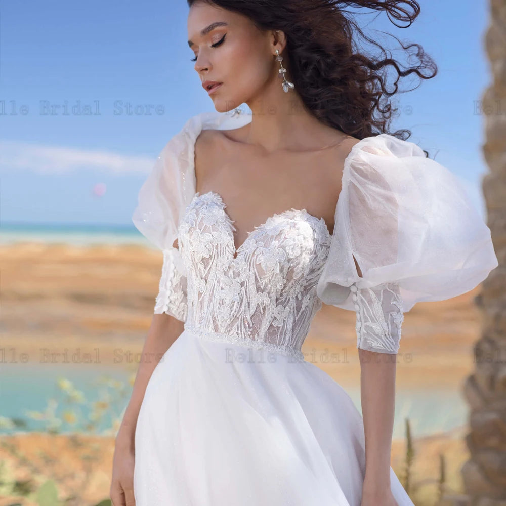 Simple Wedding Dresses Sweetheart Neck Puff Sleeves Bridal Growns Appliques Floor Length Tulle A-Line Vestidos De Novia 2024