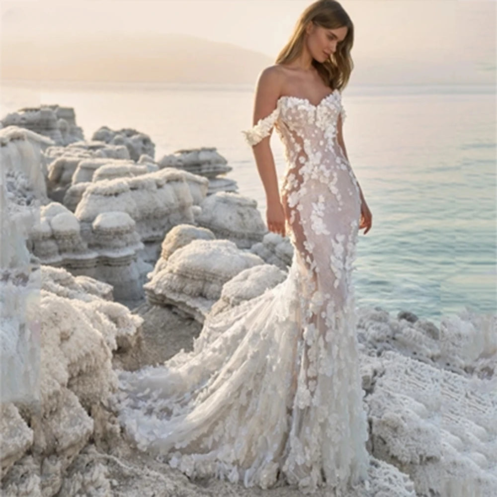 Abito da sposa sirena sexy moderno innamorato moderno fuori dalla spalla 3d fiori illusione posteriore da sposa