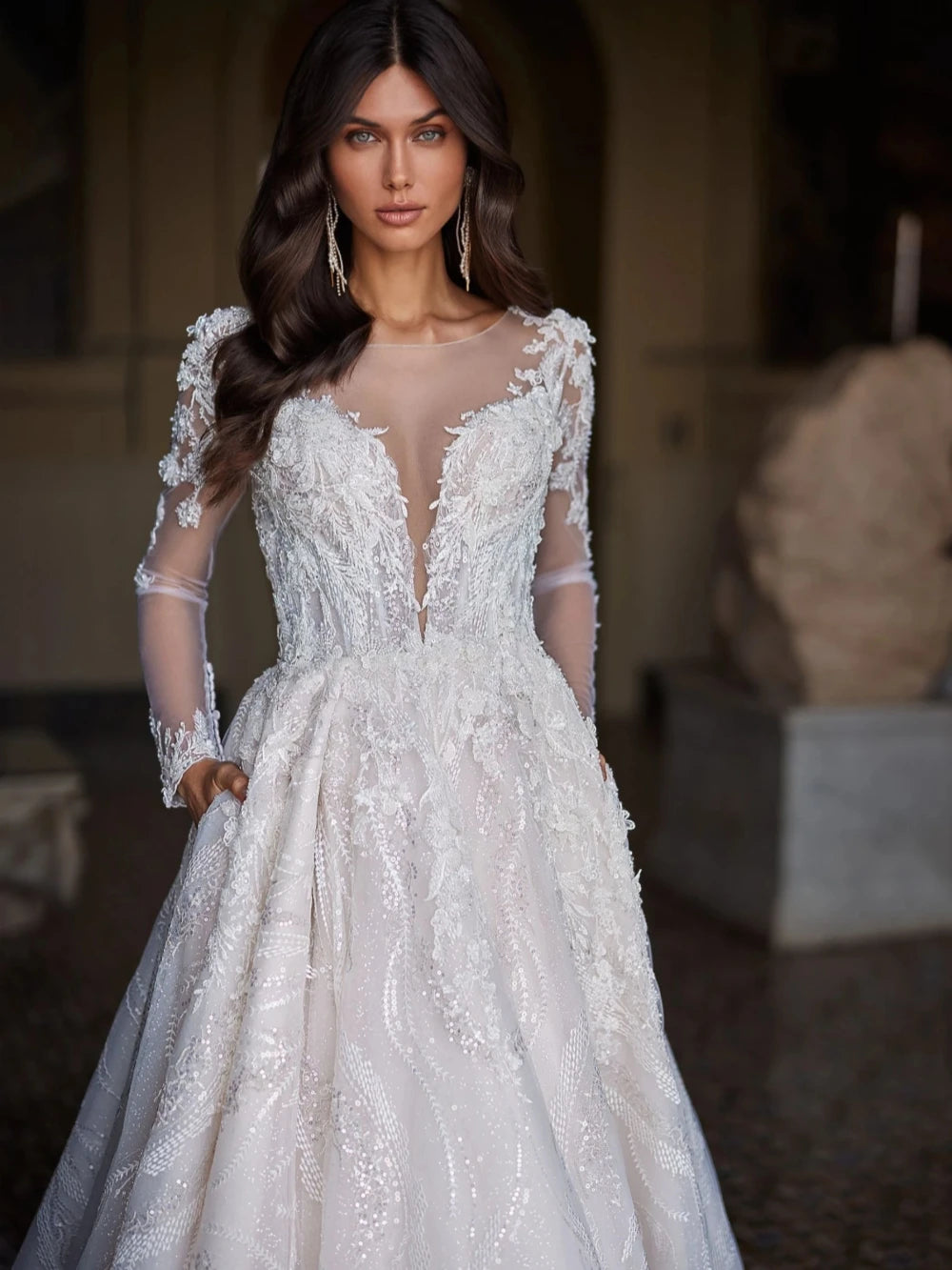 Classic Lace Appliques Vestido nupcial de flores 3D Beads Beads Bodas de boda de lujo A-Line Long Bride Robe Vestido de Novia