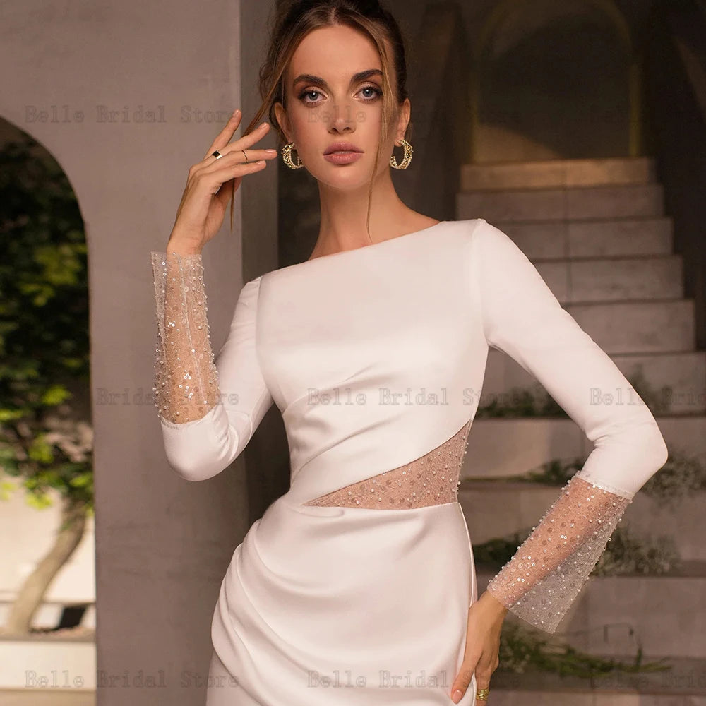 Sexy Hochzeit Kleider O Neck Long Sleeves Mantel Brautkleider Perlen Pailletten Sweep Zug Seite Schlitzte Meerjungfrau свадебное платье 2023