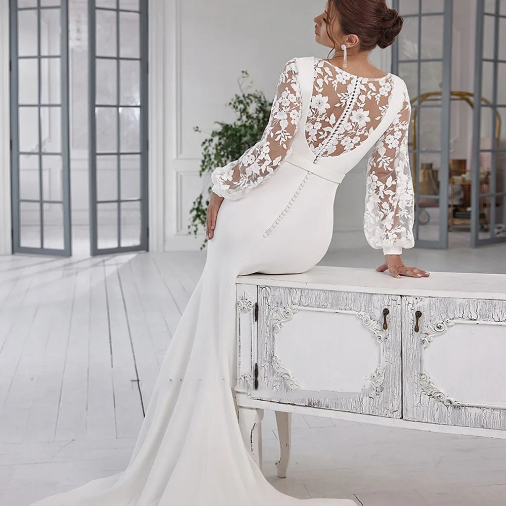 Wedding Dresses Long Sleeve Sexy Illusion Mermaid Dress Bride Gown Round Neck Button Lace Customize To Measure Robe De Mariee