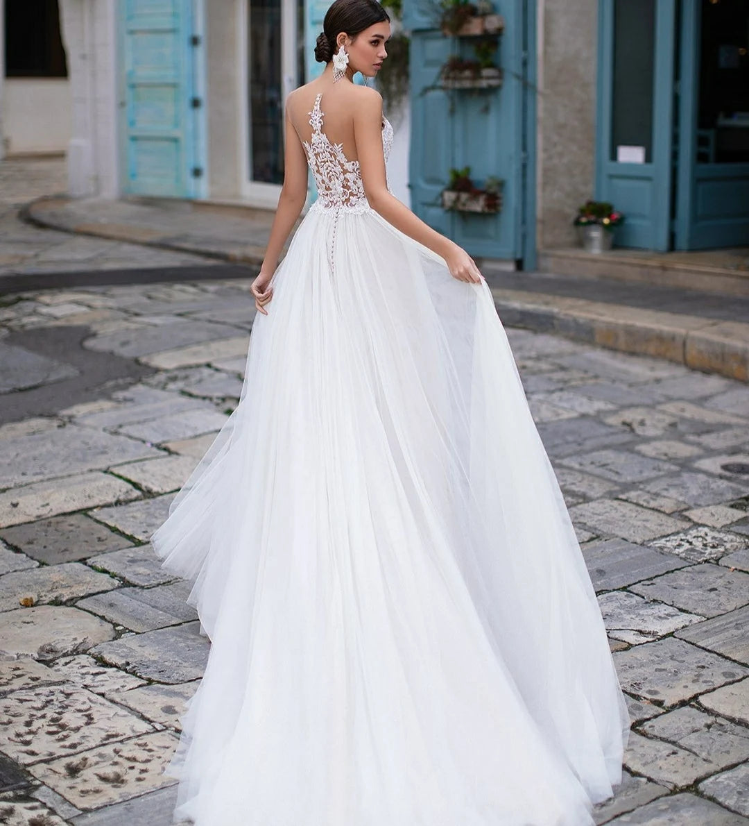 Elegant Long Shear Tulle White Wedding Dresses Illusion Back Court Train Vestidos de Novia Customize To Measures Robe De Mariee
