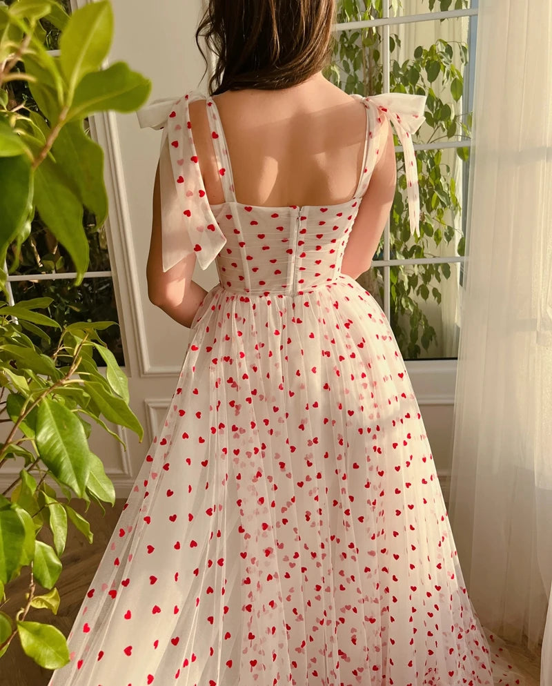 Sweetheart A-line White & Red Tulle Dress Ruffled Floor Length Woman Clothes Sweet Evening Dresses For Girl Prom Gown