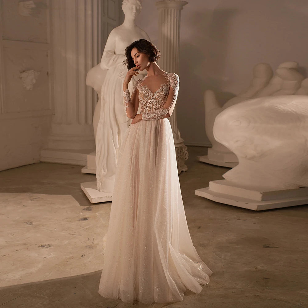 Robes de mariée élégantes pour femme o couches à manches longues robes de mariée appliques balayage train a-line tulle vestidos de novia 2023