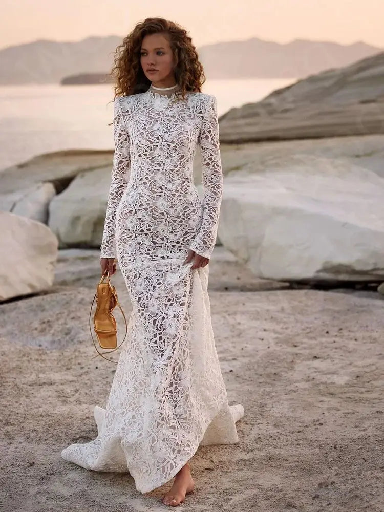 Charming Latest Mermaid Wedding Dresses Lace 2024 Bridal Gowns Long Sleeve High Collar Wedding Gowns Bare Back Robe de mariée