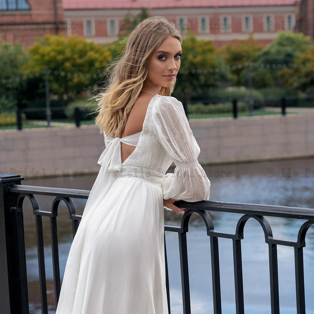 Elegant Chiffon Wedding Dresses Square Neck Long Puff Sleeves Bridal Gowns Pleat Backless Floor Length A-line Robe De Mariee