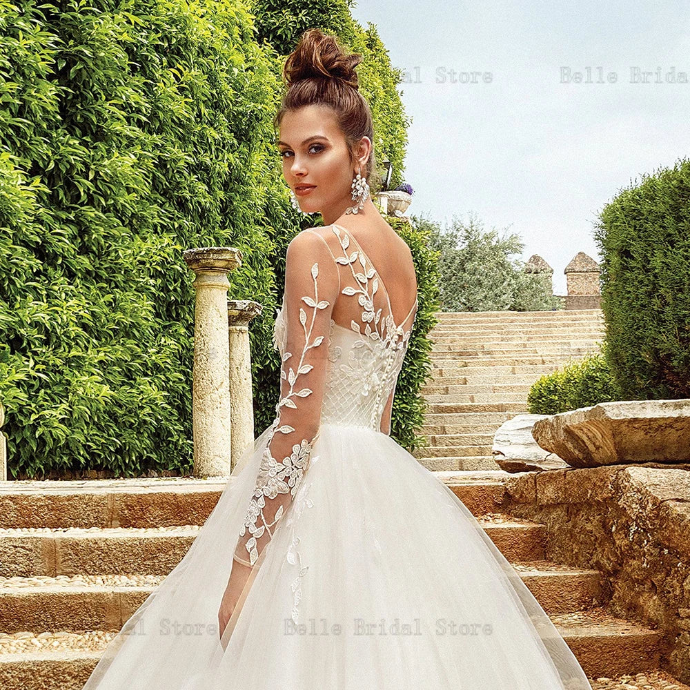 Princess Wedding Dresses O Neck Long Sleeves Bridal Gowns Appliques Back Button Floor-Length Tulle A-Line Vestidos De Novia 2023